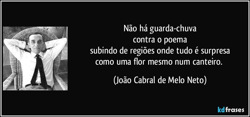 Não há guarda-chuva
contra o poema
subindo de regiões onde tudo é surpresa
como uma flor mesmo num canteiro. (João Cabral de Melo Neto)