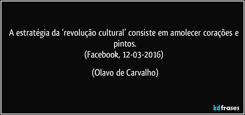 A estratégia da ‘revolução cultural’ consiste em amolecer corações e pintos.
(Facebook, 12-03-2016) (Olavo de Carvalho)