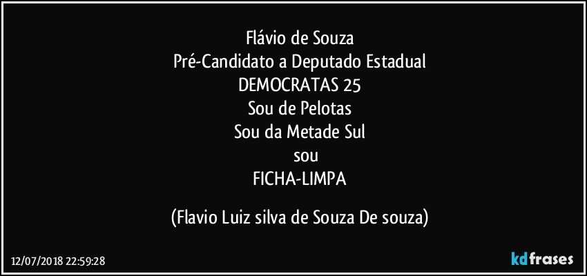 Flávio de Souza
Pré-Candidato a Deputado Estadual
DEMOCRATAS 25
Sou de Pelotas
Sou da Metade Sul
            sou
  FICHA-LIMPA (Flavio Luiz silva de Souza De souza)