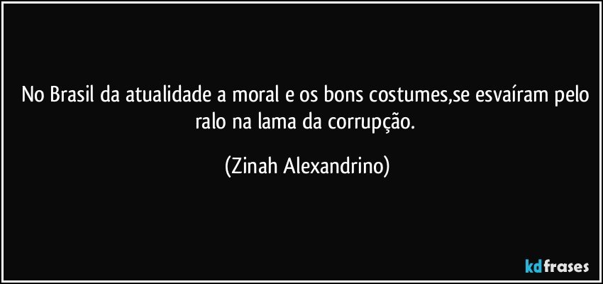 No Brasil da atualidade a moral e os bons costumes,se esvaíram pelo ralo na lama da corrupção. (Zinah Alexandrino)