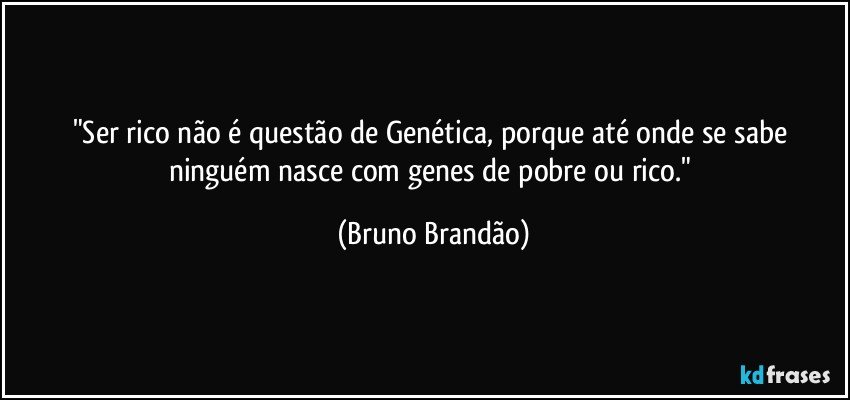 "Ser rico não é questão de Genética, porque até onde se sabe ninguém nasce com genes de pobre ou rico." (Bruno Brandão)