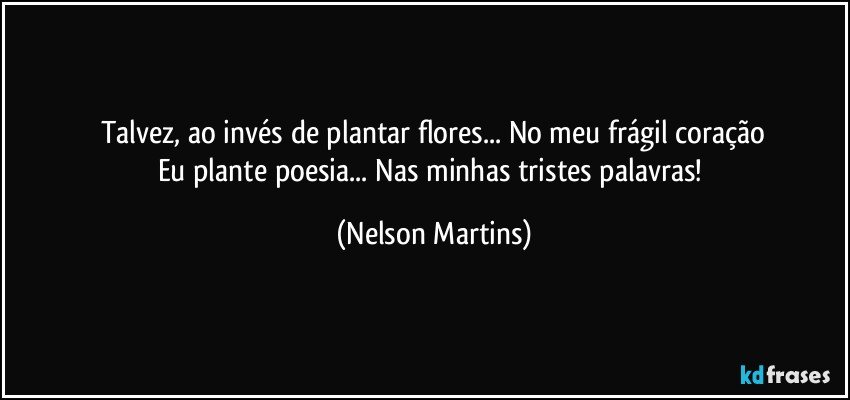 Talvez, ao invés de plantar flores... No meu frágil coração
Eu plante poesia... Nas minhas tristes palavras! (Nelson Martins)