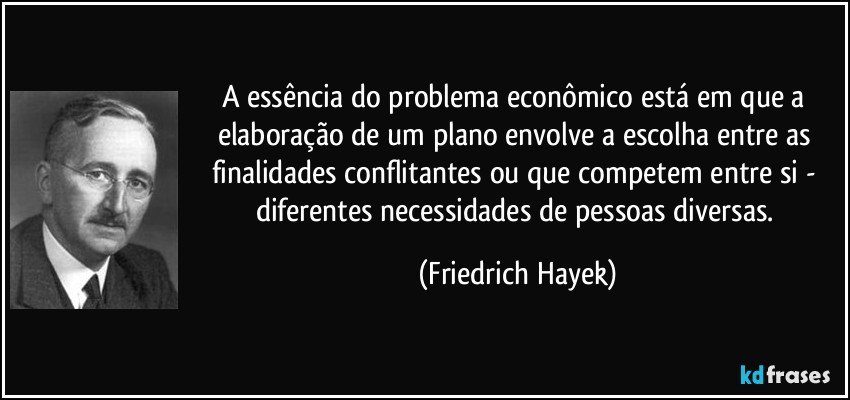 A essência do problema econômico está em que a elaboração de um plano envolve a escolha entre as finalidades conflitantes ou que competem entre si - diferentes necessidades de pessoas diversas. (Friedrich Hayek)