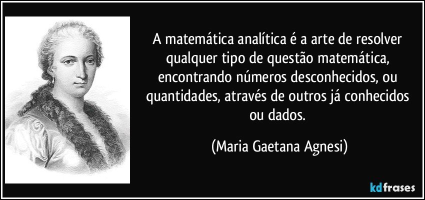 A matemática analítica é a arte de resolver qualquer tipo de questão matemática, encontrando números desconhecidos, ou quantidades, através de outros já conhecidos ou dados. (Maria Gaetana Agnesi)