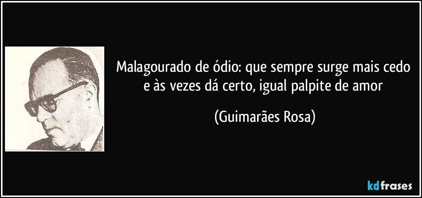 Malagourado de ódio: que sempre surge mais cedo e às vezes dá certo, igual palpite de amor (Guimarães Rosa)