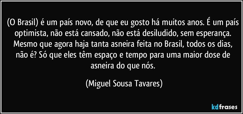 (O Brasil) é um país novo, de que eu gosto há muitos anos. É um país optimista, não está cansado, não está desiludido, sem esperança. Mesmo que agora haja tanta asneira feita no Brasil, todos os dias, não é? Só que eles têm espaço e tempo para uma maior dose de asneira do que nós. (Miguel Sousa Tavares)