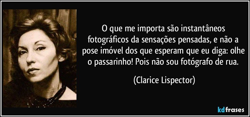 O que me importa são instantâneos fotográficos da sensações pensadas, e não a pose imóvel dos que esperam que eu diga: olhe o passarinho! Pois não sou fotógrafo de rua. (Clarice Lispector)