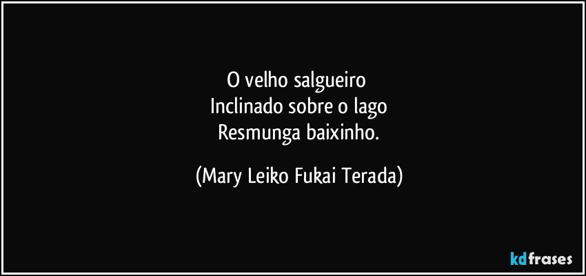 O velho salgueiro 
 Inclinado sobre o lago 
 Resmunga baixinho. (Mary Leiko Fukai Terada)