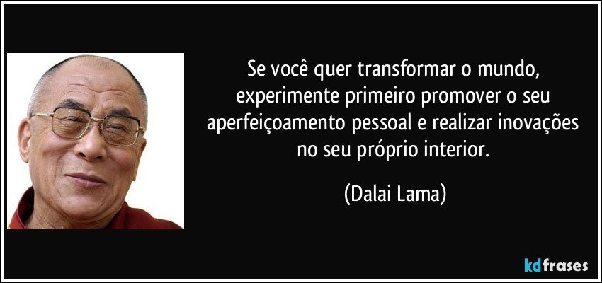 Se você quer transformar o mundo, experimente primeiro promover o seu aperfeiçoamento pessoal e realizar inovações no seu próprio interior. (Dalai Lama)