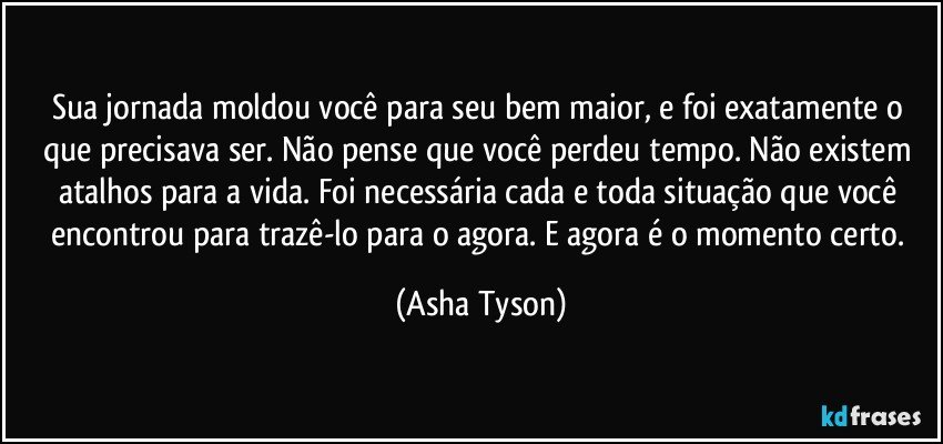 Sua jornada moldou você para seu bem maior, e foi exatamente o que precisava ser. Não pense que você perdeu tempo. Não existem atalhos para a vida. Foi necessária cada e toda situação que você encontrou para trazê-lo para o agora. E agora é o momento certo. (Asha Tyson)