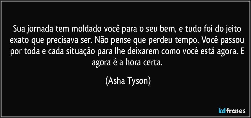 Sua jornada tem moldado você para o seu bem, e tudo foi do jeito exato que precisava ser. Não pense que perdeu tempo. Você passou por toda e cada situação para lhe deixarem como você está agora. E agora é a hora certa. (Asha Tyson)