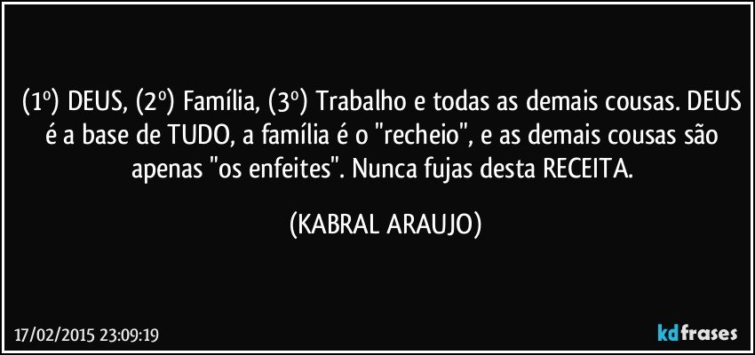 (1º) DEUS, (2º) Família, (3º) Trabalho e todas as demais cousas. DEUS é a base de TUDO, a família é o "recheio", e as demais cousas são apenas "os enfeites". Nunca fujas desta RECEITA. (KABRAL ARAUJO)