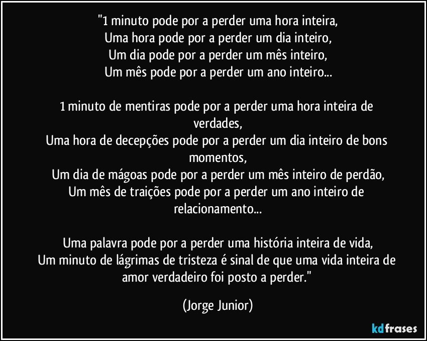 "1 minuto pode por a perder uma hora inteira,
Uma hora pode por a perder um dia inteiro,
Um dia pode por a perder um mês inteiro,
Um mês pode por a perder um ano inteiro...

1 minuto de mentiras pode por a perder uma hora inteira de verdades,
Uma hora de decepções pode por a perder um dia inteiro de bons momentos,
Um dia de mágoas pode por a perder um mês inteiro de perdão,
Um mês de traições pode por a perder um ano inteiro de relacionamento...

Uma palavra pode por a perder uma história inteira de vida,
Um minuto de lágrimas de tristeza é sinal de que uma vida inteira de amor verdadeiro foi posto a perder." (Jorge Junior)
