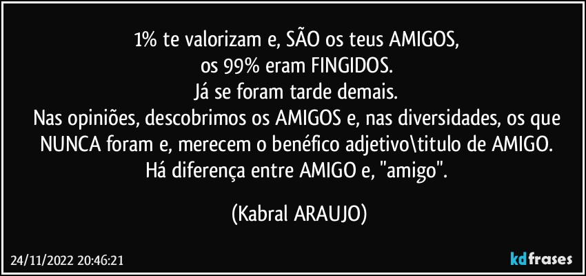 1% te valorizam e, SÃO os teus AMIGOS, 
os 99% eram FINGIDOS. 
Já se foram tarde demais. 
Nas opiniões, descobrimos os AMIGOS e, nas diversidades, os que NUNCA foram e, merecem o benéfico adjetivo\titulo de AMIGO. 
Há diferença entre AMIGO e, "amigo". (KABRAL ARAUJO)