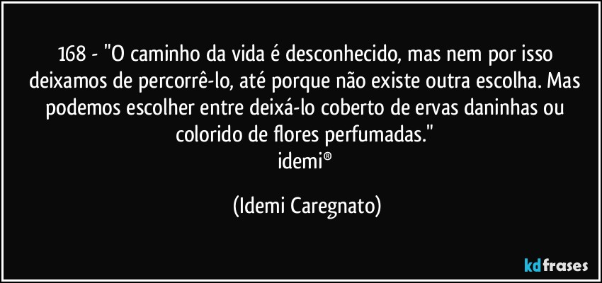 168 - "O caminho da vida é desconhecido, mas nem por isso deixamos de percorrê-lo, até porque não existe outra escolha. Mas podemos escolher entre deixá-lo coberto de ervas daninhas ou colorido de flores perfumadas." 
idemi® (Idemi Caregnato)