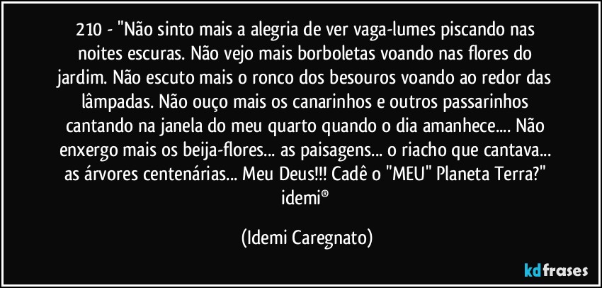 210 - "Não sinto mais a alegria de ver vaga-lumes piscando nas noites escuras. Não vejo mais borboletas voando nas flores do jardim. Não escuto mais o ronco dos besouros voando ao redor das lâmpadas. Não ouço mais os canarinhos e outros passarinhos cantando na janela do meu quarto quando o dia amanhece... Não enxergo mais os beija-flores... as paisagens... o riacho que cantava... as árvores centenárias... Meu Deus!!! Cadê o "MEU" Planeta Terra?" 
idemi® (Idemi Caregnato)