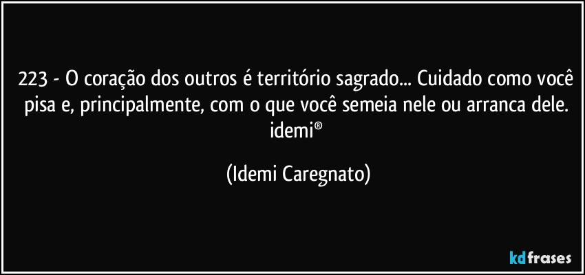 223 - O coração dos outros é território sagrado... Cuidado como você pisa e, principalmente, com o que você semeia nele ou arranca dele. 
idemi® (Idemi Caregnato)