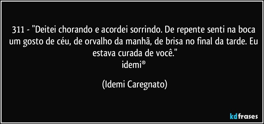 311 - "Deitei chorando e acordei sorrindo. De repente senti na boca um gosto de céu, de orvalho da manhã, de brisa no final da tarde. Eu estava curada de você."
idemi® (Idemi Caregnato)