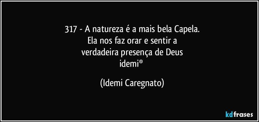 317 - A natureza é a mais bela Capela.
Ela nos faz orar e sentir a
verdadeira presença de Deus
idemi® (Idemi Caregnato)