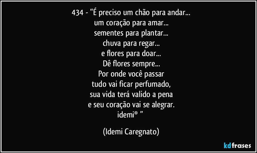 434 - “É preciso um chão para andar...
um coração para amar...
sementes para plantar...
chuva para regar...
e flores para doar...
Dê flores sempre...
Por onde você passar
tudo vai ficar perfumado,
sua vida terá valido a pena
e seu coração vai se alegrar.
idemi® ” (Idemi Caregnato)