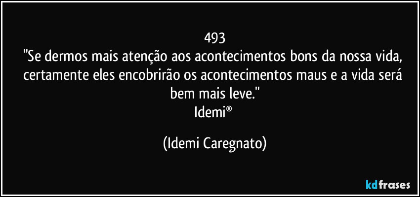 493
"Se dermos mais atenção aos acontecimentos bons da nossa vida, certamente eles encobrirão os acontecimentos maus e a vida será bem mais leve."
Idemi® (Idemi Caregnato)