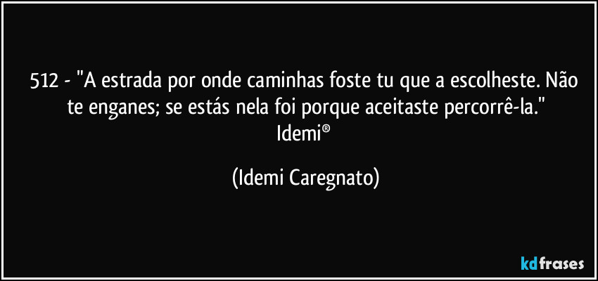 512 - "A estrada por onde caminhas  foste tu que a escolheste. Não te enganes; se estás nela foi porque aceitaste percorrê-la."
Idemi® (Idemi Caregnato)