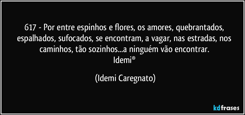 617 - Por entre espinhos e flores, os amores, quebrantados, espalhados, sufocados, se encontram, a vagar, nas estradas, nos caminhos, tão sozinhos...a ninguém vão encontrar. 
Idemi® (Idemi Caregnato)