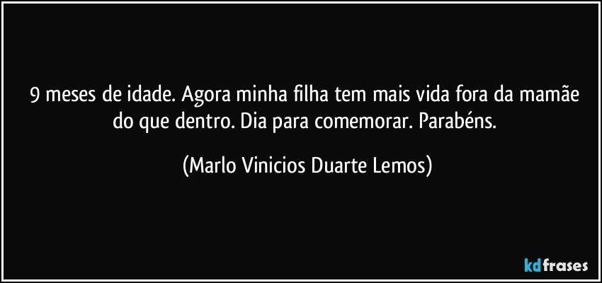 9 meses de idade. Agora minha filha tem mais vida fora da mamãe do que dentro. Dia para comemorar. Parabéns. (Marlo Vinicios Duarte Lemos)