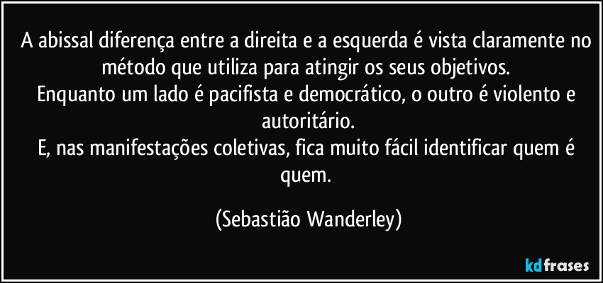 A abissal diferença entre a direita e a esquerda é vista claramente no método que utiliza para atingir os seus objetivos.
Enquanto um lado é pacifista e democrático, o outro é violento e autoritário.
E, nas manifestações coletivas, fica muito fácil identificar quem é quem. (Sebastião Wanderley)
