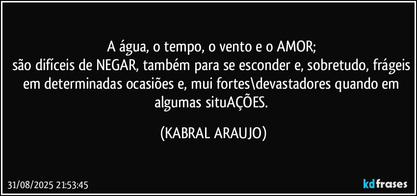 A água, o tempo, o vento e o AMOR; 
são difíceis de NEGAR, também para se esconder e, sobretudo, frágeis em determinadas ocasiões e, mui fortes\devastadores quando em algumas situAÇÕES. (KABRAL ARAUJO)