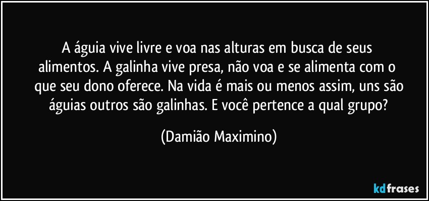 A águia vive livre e voa nas alturas em busca de seus 
alimentos. A galinha vive presa, não voa e se alimenta com o 
que seu dono oferece. Na vida é mais ou menos assim, uns são
 águias outros são galinhas. E você pertence a qual grupo? (Damião Maximino)