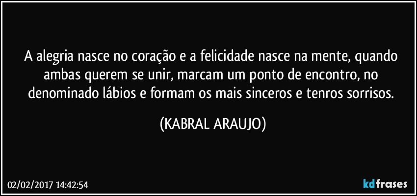 A alegria nasce no coração e a felicidade nasce na mente, quando ambas querem se unir, marcam um ponto de encontro, no denominado lábios e formam os mais sinceros e tenros sorrisos. (KABRAL ARAUJO)