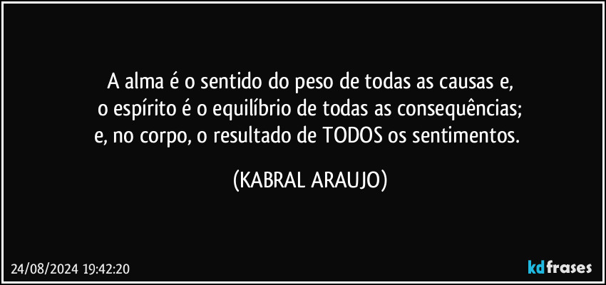 A alma é o sentido do peso de todas as causas e,
o espírito é o equilíbrio de todas as consequências;
e, no corpo, o resultado de TODOS os sentimentos. (KABRAL ARAUJO)