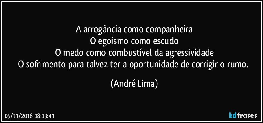 A arrogância como companheira
O egoísmo como escudo
O medo como combustível da agressividade
O sofrimento para talvez ter a oportunidade de corrigir o rumo. (André Lima)