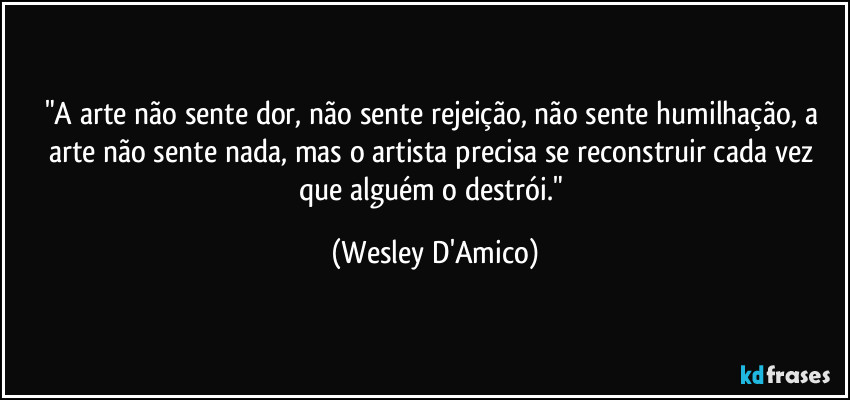 "A arte não sente dor, não sente rejeição, não sente humilhação, a arte não sente nada, mas o artista precisa se reconstruir cada vez que alguém o destrói." (Wesley D'Amico)