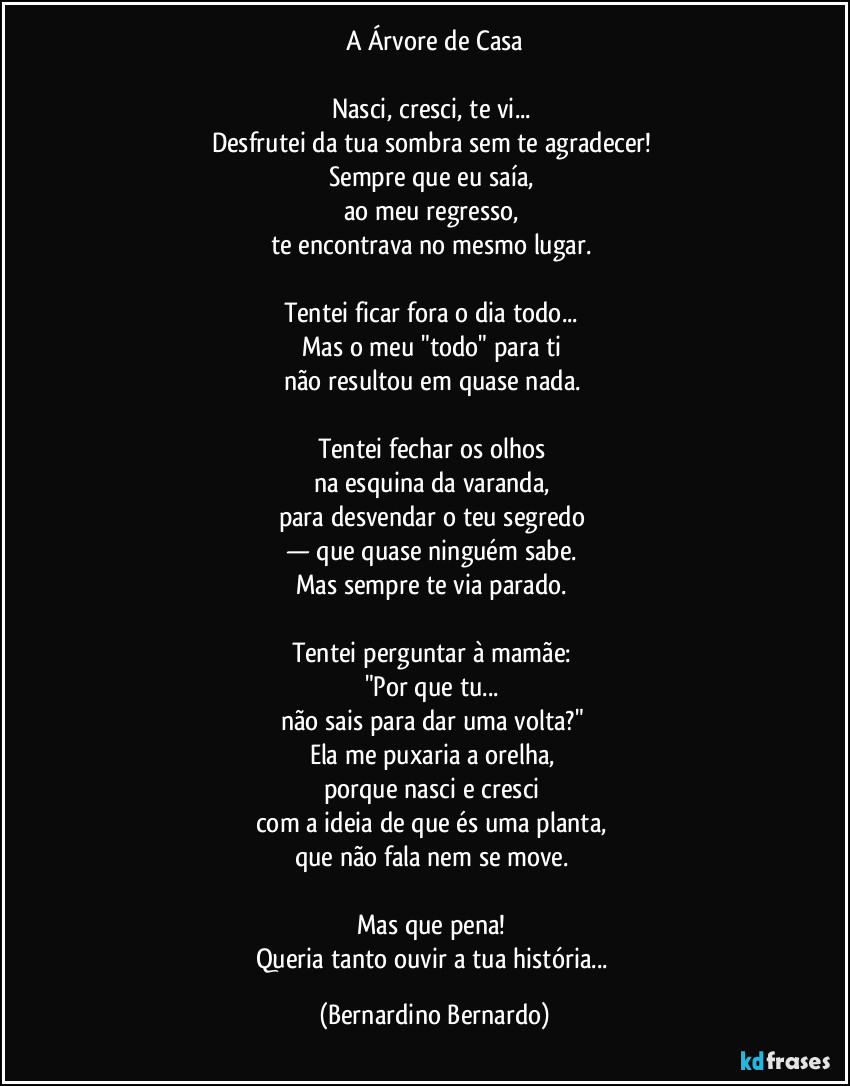 A Árvore de Casa

Nasci, cresci, te vi...  
Desfrutei da tua sombra sem te agradecer!  
Sempre que eu saía,  
ao meu regresso,  
te encontrava no mesmo lugar.  

Tentei ficar fora o dia todo...  
Mas o meu "todo" para ti  
não resultou em quase nada.  

Tentei fechar os olhos  
na esquina da varanda,  
para desvendar o teu segredo  
— que quase ninguém sabe.  
Mas sempre te via parado.  

Tentei perguntar à mamãe:  
"Por que tu...  
não sais para dar uma volta?"  
Ela me puxaria a orelha,  
porque nasci e cresci  
com a ideia de que és uma planta,  
que não fala nem se move.  

Mas que pena!  
Queria tanto ouvir a tua história... (Bernardino Bernardo)