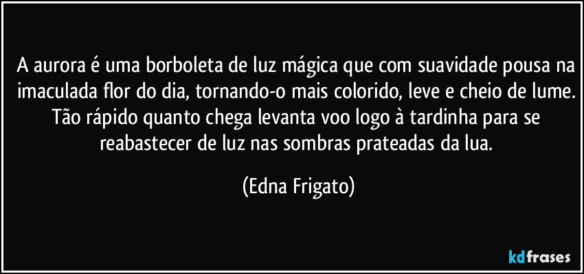A aurora é uma borboleta de luz mágica que com suavidade pousa na imaculada flor do dia, tornando-o mais colorido, leve e cheio de lume. Tão rápido quanto chega levanta voo logo à tardinha para se reabastecer de luz nas sombras prateadas da lua. (Edna Frigato)
