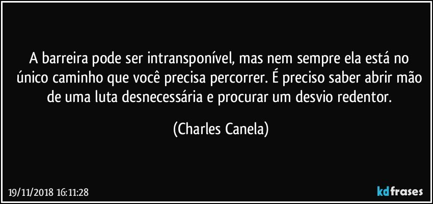 A barreira pode ser intransponível, mas nem sempre ela está no único caminho que você precisa percorrer. É preciso saber abrir mão de uma luta desnecessária e procurar um desvio redentor. (Charles Canela)