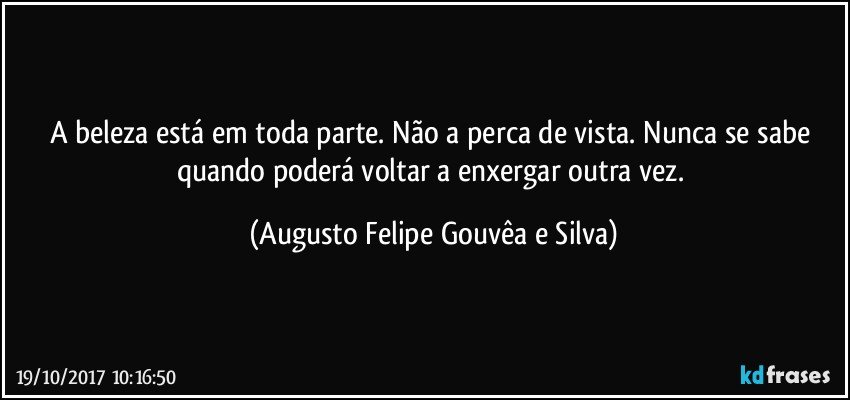 A beleza está em toda parte. Não a perca de vista. Nunca se sabe quando poderá voltar a enxergar outra vez. (Augusto Felipe Gouvêa e Silva)
