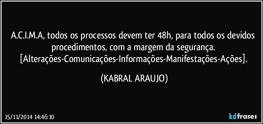 A.C.I.M.A, todos os processos devem ter 48h, para todos os devidos procedimentos, com a margem da segurança. 
[Alterações-Comunicações-Informações-Manifestações-Ações]. (KABRAL ARAUJO)