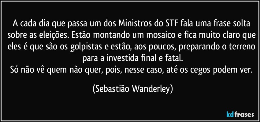 A cada dia que passa um dos Ministros do STF fala uma frase solta sobre as eleições. Estão montando um mosaico e fica muito claro que eles é que são os golpistas e estão, aos poucos, preparando o terreno para a investida final e fatal.
Só não vê quem não quer, pois, nesse caso, até os cegos podem ver. (Sebastião Wanderley)