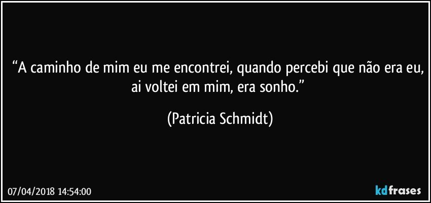 “A caminho de mim eu me encontrei, quando percebi que não era eu, ai voltei em mim, era sonho.” (Patricia Schmidt)