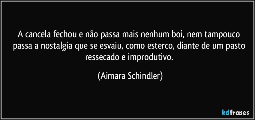 A cancela fechou e não passa mais nenhum boi, nem tampouco passa a nostalgia que se esvaiu, como esterco, diante de um pasto ressecado e improdutivo. (Aimara Schindler)