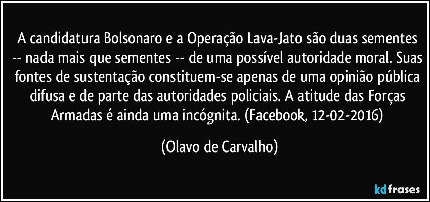 A candidatura Bolsonaro e a Operação Lava-Jato são duas sementes -- nada mais que sementes -- de uma possível autoridade moral. Suas fontes de sustentação constituem-se apenas de uma opinião pública difusa e de parte das autoridades policiais. A atitude das Forças Armadas é ainda uma incógnita. (Facebook, 12-02-2016) (Olavo de Carvalho)