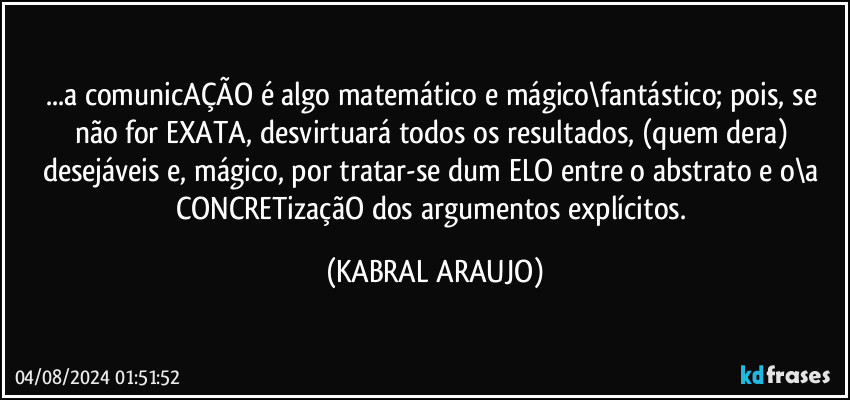 ...a comunicAÇÃO é algo matemático e mágico\fantástico; pois, se não for EXATA, desvirtuará todos os resultados, (quem dera) desejáveis e, mágico, por tratar-se dum ELO entre o abstrato e o\a CONCRETizaçãO dos argumentos explícitos. (KABRAL ARAUJO)