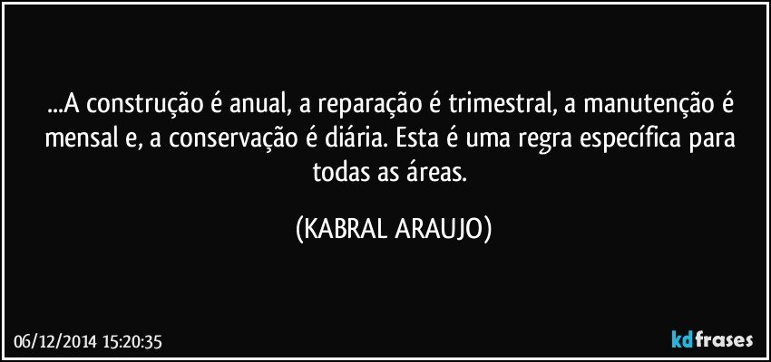 ...A construção é anual, a reparação é trimestral, a manutenção é mensal e, a conservação é diária. Esta é uma regra específica para todas as áreas. (KABRAL ARAUJO)