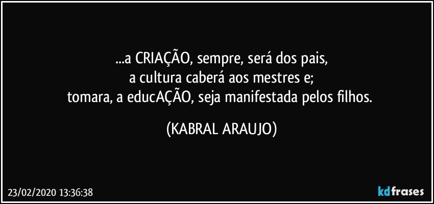 ...a CRIAÇÃO, sempre, será dos pais,
a cultura caberá aos mestres e;
tomara, a educAÇÃO, seja manifestada pelos filhos. (KABRAL ARAUJO)