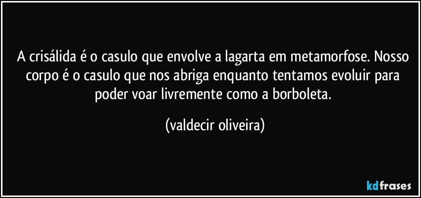 A crisálida é o casulo que envolve a lagarta em metamorfose. Nosso corpo é o casulo que nos abriga enquanto tentamos evoluir para poder voar livremente como a borboleta. (valdecir oliveira)