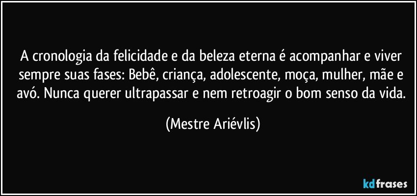 A cronologia da felicidade e da beleza eterna é acompanhar e viver sempre suas fases: Bebê, criança, adolescente, moça, mulher, mãe e avó. Nunca querer ultrapassar e nem retroagir o bom senso da vida. (Mestre Ariévlis)