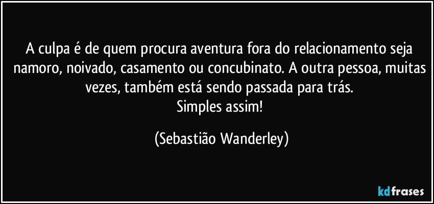 A culpa é de quem procura aventura fora do relacionamento seja namoro, noivado, casamento ou concubinato. A outra pessoa, muitas vezes, também está sendo passada para trás. 
Simples assim! (Sebastião Wanderley)